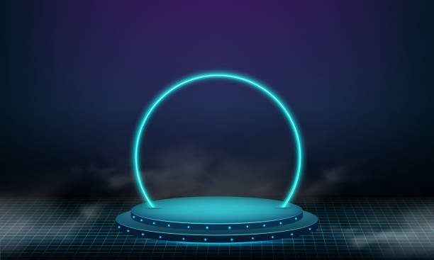 abstract technology cylinder pedestal podium. sci-fi dark empty room concept with circle glowing neon lighting. product display presentation. futuristic wall scene. - 平臺門戶 幅插畫檔、美工圖案、卡通及圖標(biāo)